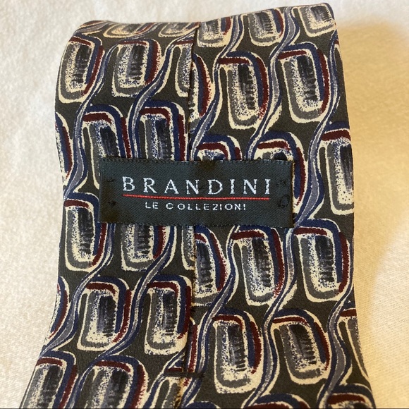 FREE IF BUNDLED Brandini Neck Tie Green & Cream Geometric 100% Silk One Size EUC - Picture 6 of 6